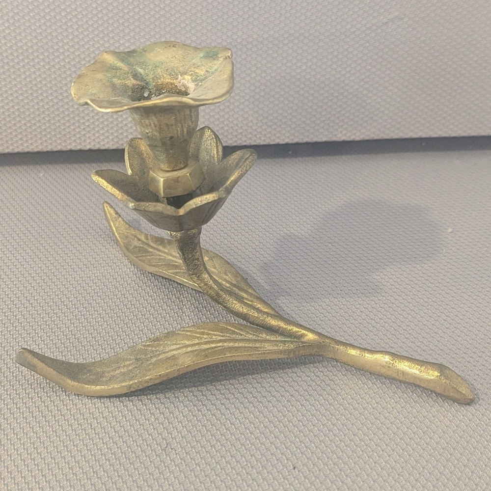 Vintage Brass Tulip Flower Candlestick Holder Botanical Stem Leaf Taper Base